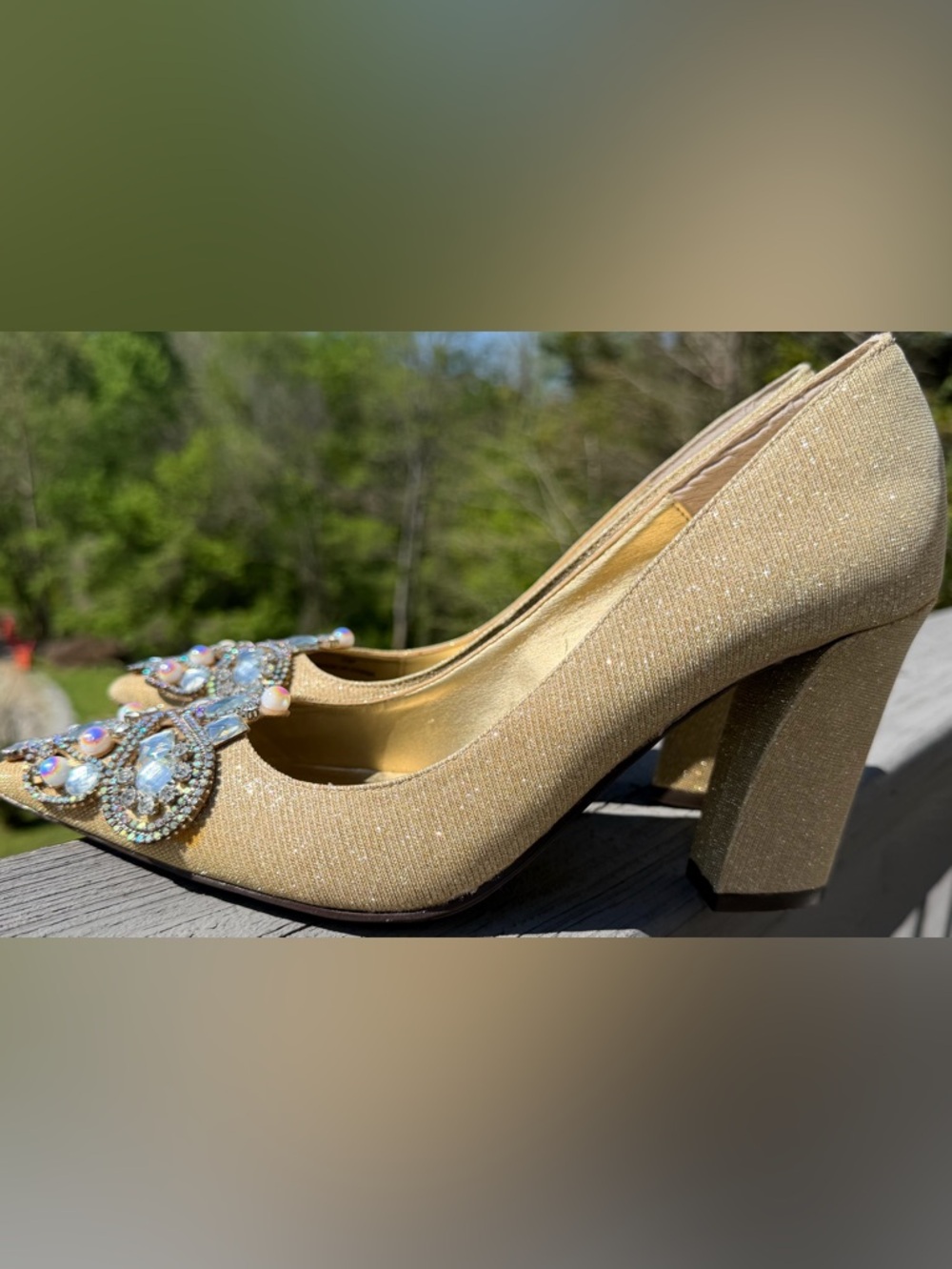 J.Renee Gold Glitter Block Heel Pumps with Jeweled Brooch